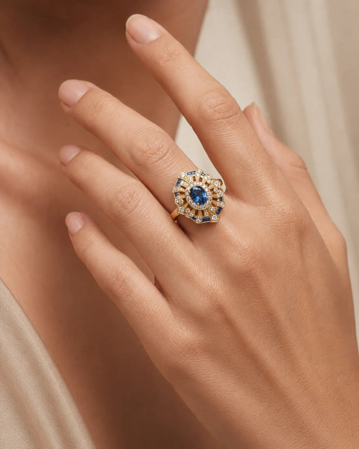 Art Deco topaz ring with radiating openwork and diamond details in 18K yellow gold | SARATTI
