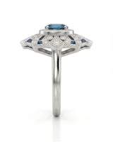 Art Deco topaz ring with radiating openwork and diamond details in polished platinum | SARATTI