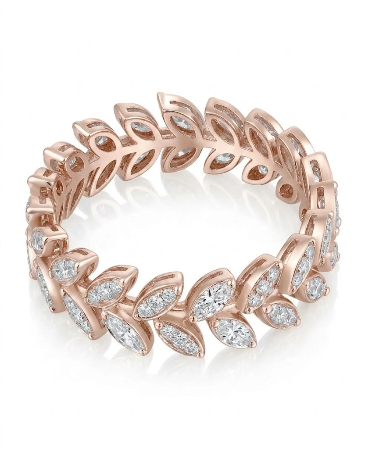 Art Deco wedding band featuring diamond accents and geometric detailing across warm 18K rose gold | SARATTI