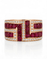Art deco inspired ruby and diamond ring in 18K rose gold macro craftsmanship view | SARATTI