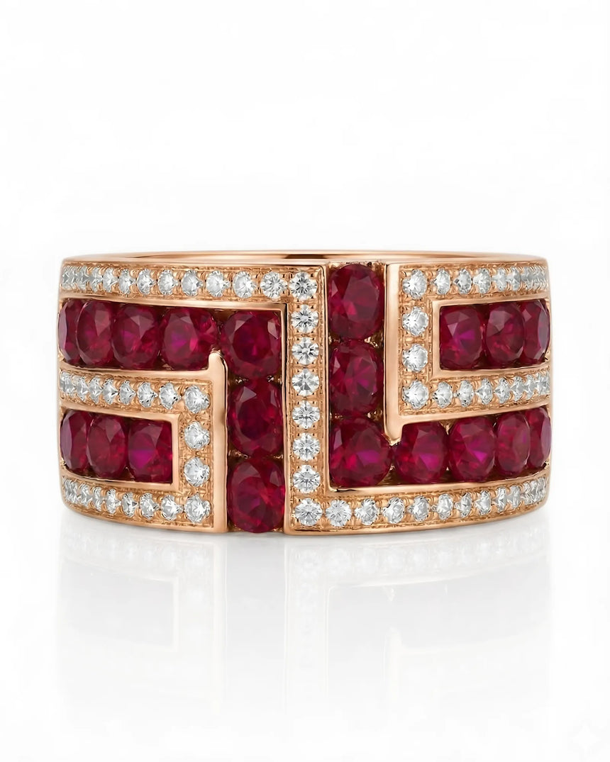 Art deco inspired ruby and diamond ring in 18K rose gold macro craftsmanship view | SARATTI