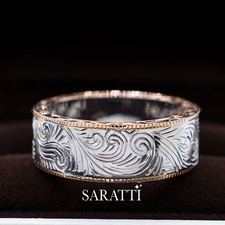Art nouveau scroll men’s ring 18k rose and white gold engraved band | SARATTI