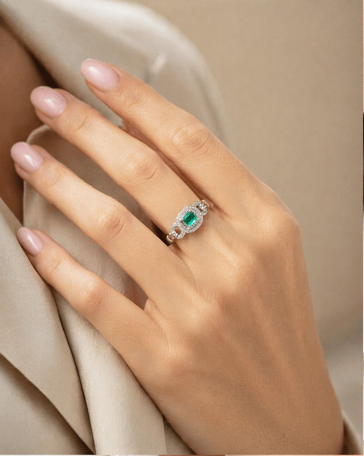 Eterna – Vintage Inspired Natural Emerald Halo Ring