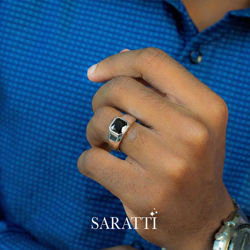 Matte black mens wedding band worn on hand in 18K white gold | SARATTI