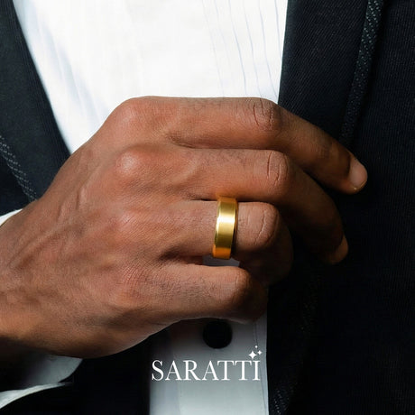8mm mens wedding band sleek handcrafted ring in 18K yellow gold | SARATTI