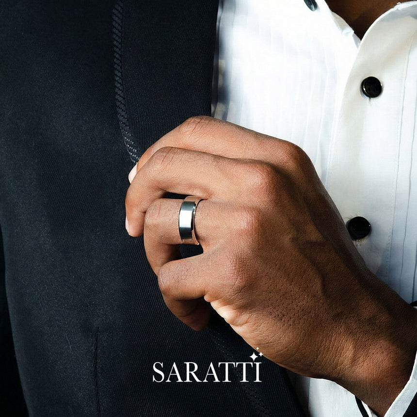 8mm mens wedding band sleek handcrafted ring in 18K white gold | SARATTI