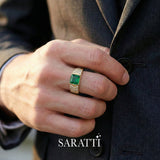 Mens emerald ring handcrafted tension set emerald ring in 18K yellow gold | SARATTI