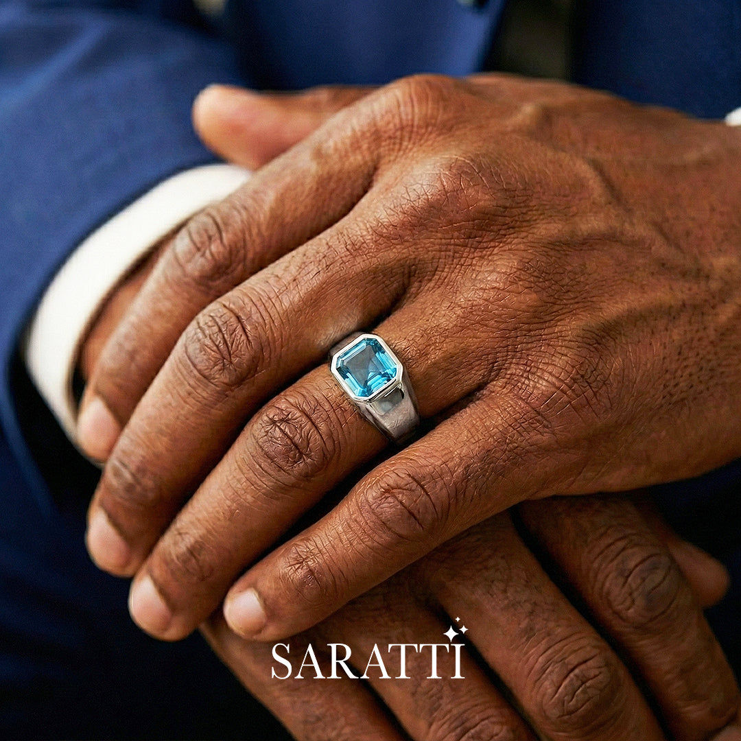 Mens blue topaz ring handcrafted gemstone ring in 18K white gold | SARATTI