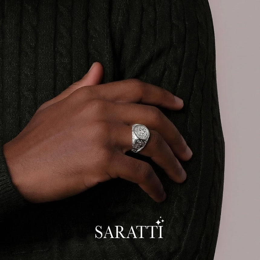 Mens initial ring worn on model in 18K white gold | SARATTI