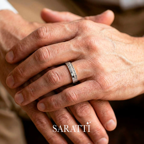 Thin mens wedding band handcrafted diamond accented ring in 18K white gold | SARATTI