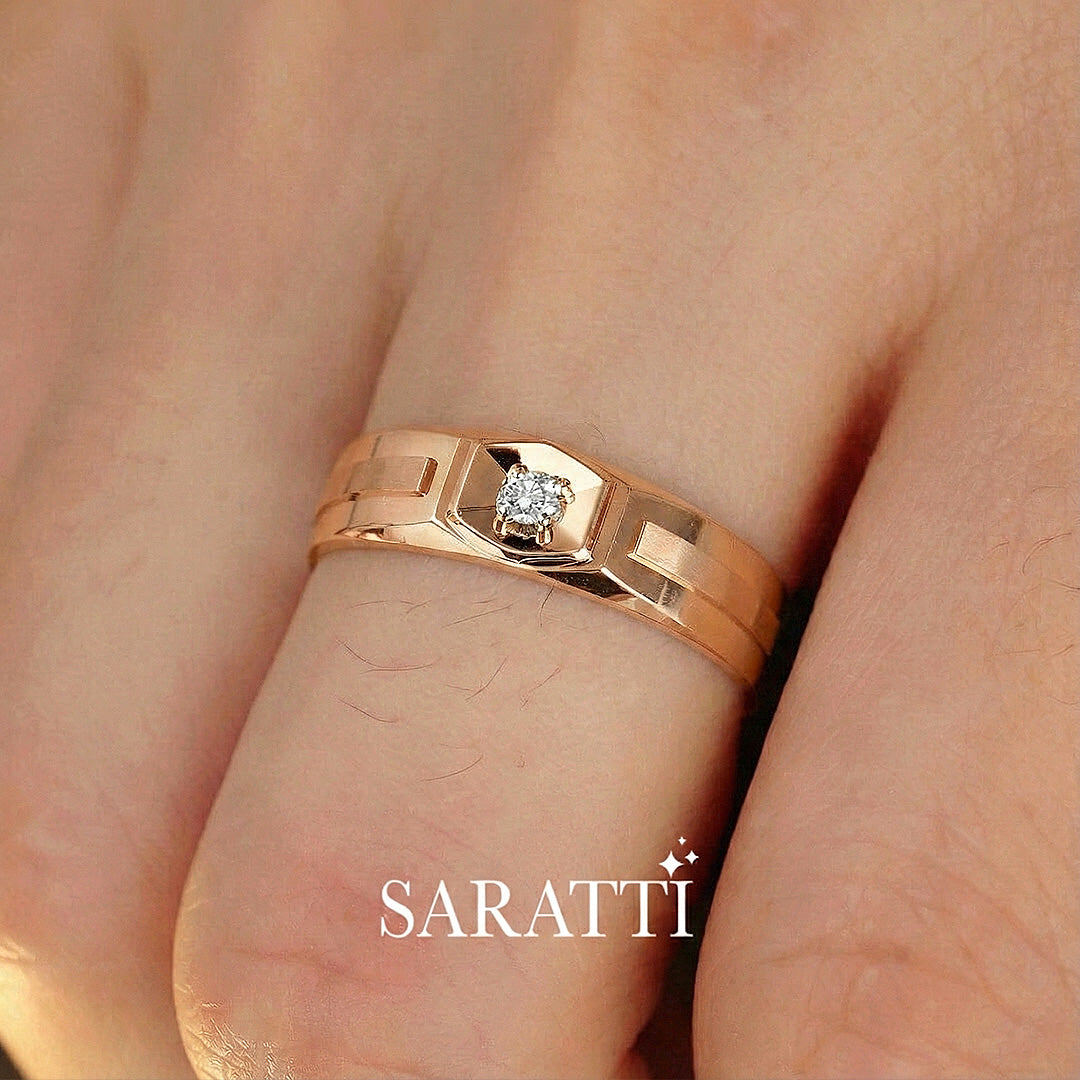 Six Paths Diamond solitaire diamond ring for men hexagon setting in 18K rose gold | SARATTI