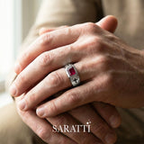 18k white gold dominion men’s ruby cross ring emerald cut bezel design | SARATTI