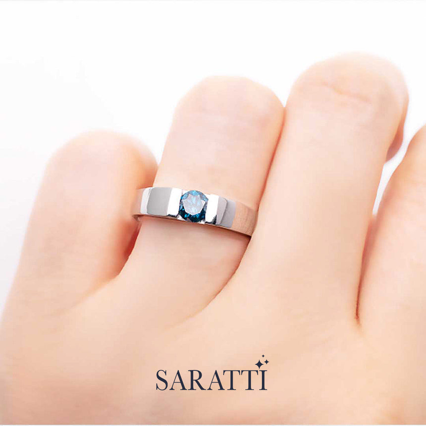 Blue mens wedding band worn on hand minimalist design in platinum | SARATTI

