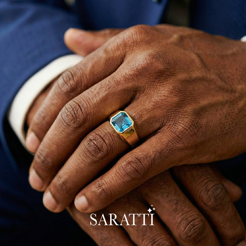 Mens blue topaz ring handcrafted gemstone ring in 18K yellow gold | SARATTI
