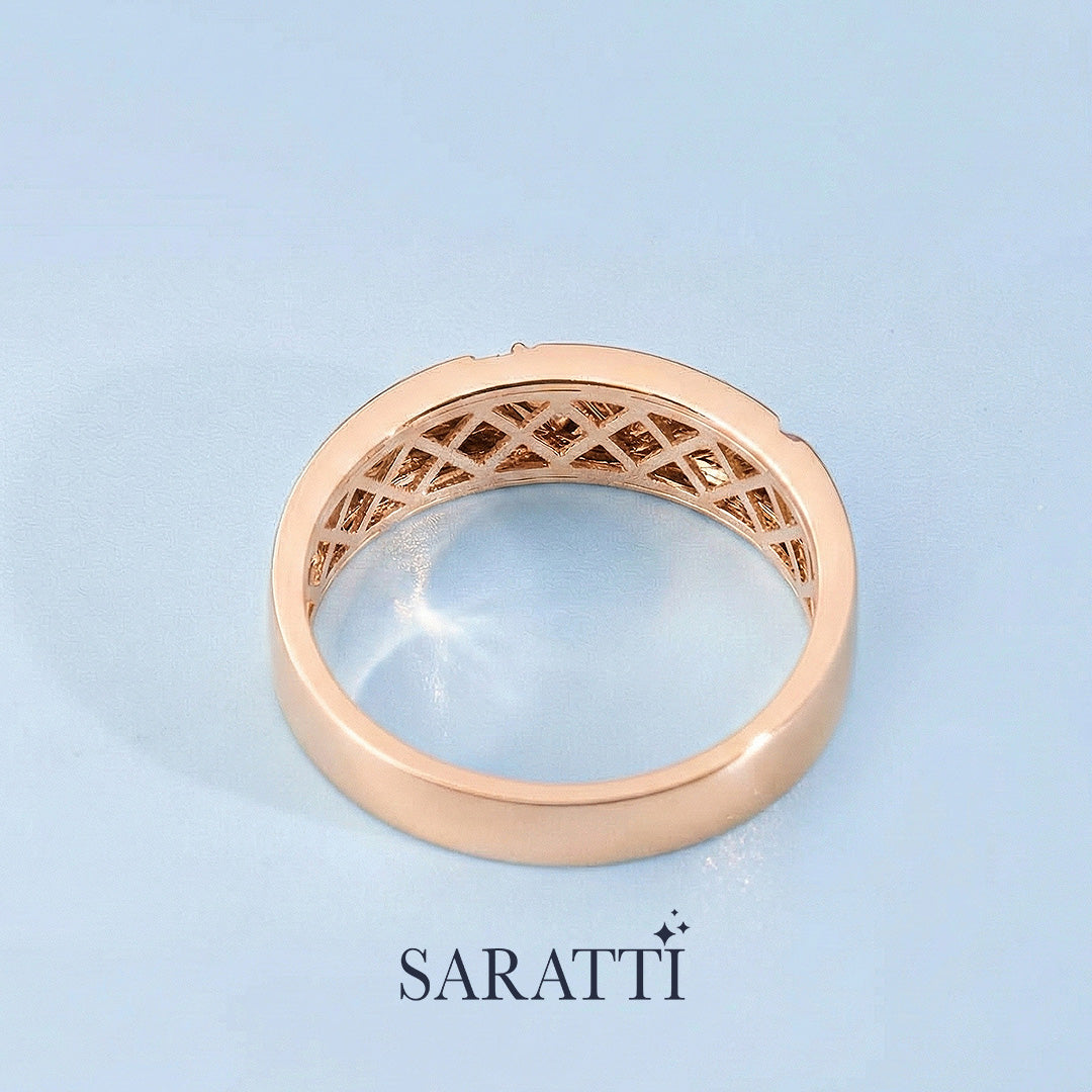6mm men diamond and sapphire three stone ring three stone style in 18K rose gold | SARATTI