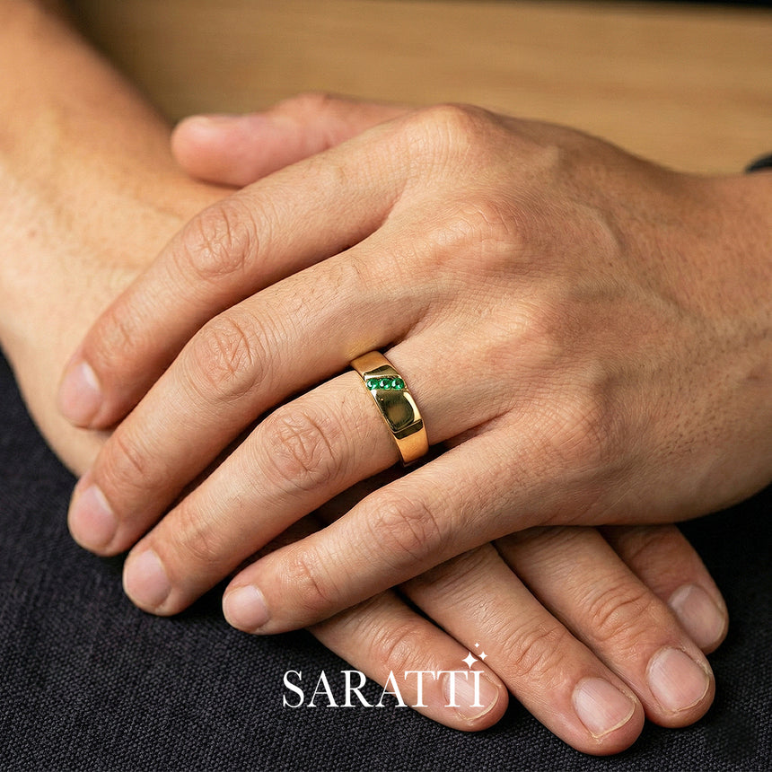 Mens emerald ring worn on hand three stone design in 18K yellow gold | SARATTI