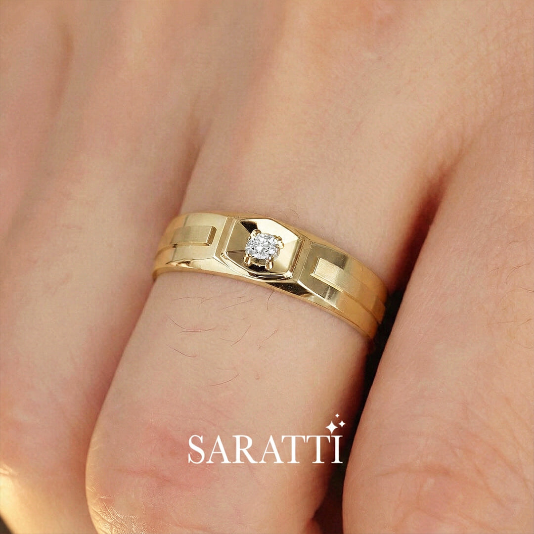 Six Paths Diamond solitaire diamond ring for men hexagon setting in 18K yellow gold | SARATTI