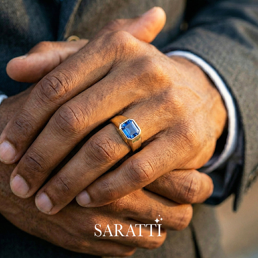Mens sapphire wedding band handcrafted bezel set sapphire ring in 18K yellow gold | SARATTI
