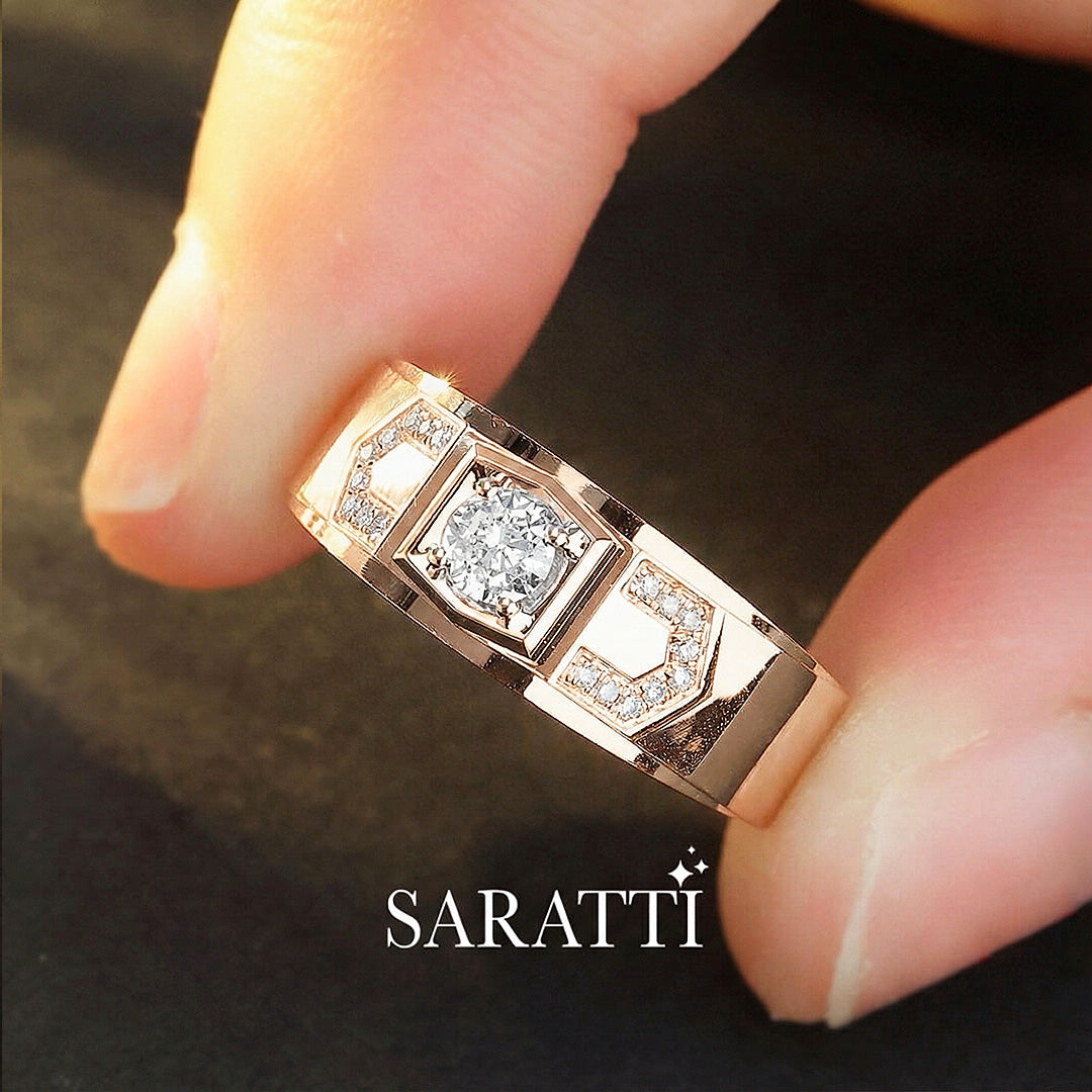 Rose gold ring with diamonds held between fingers, brand 'SARATTI' visible
