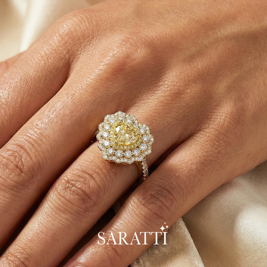 Vintage Yellow Diamond engagement ring worn on hand luxury handcrafted ring in 18K yellow gold | SARATTI
