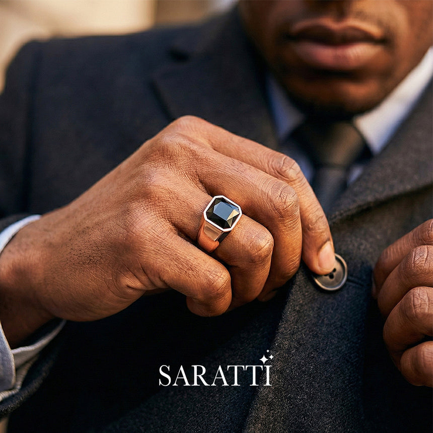 Matte black mens wedding band handcrafted minimalist ring in 18K rose gold | SARATTI