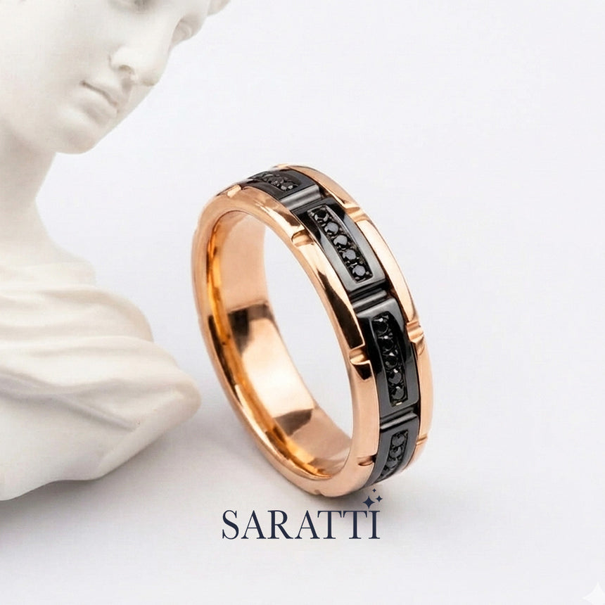 Black Diamond 4mm mens wedding band pavé diamond ring in 18K rose gold | SARATTI