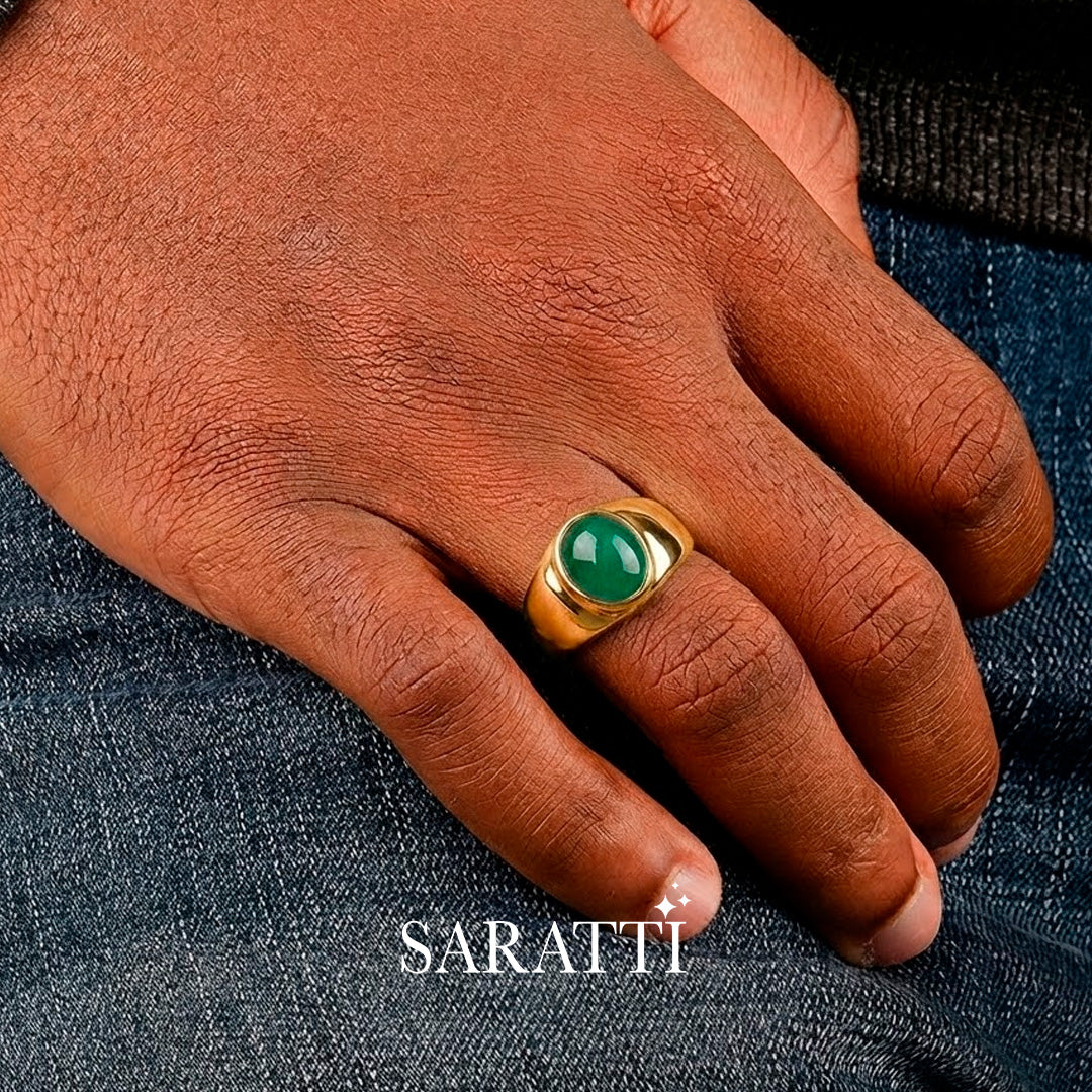 Mens emerald ring oval cabochon gemstone ring in 18K yellow gold | SARATTI