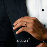 6mm mens wedding band with diamonds worn on hand in 18K rose gold | SARATTI