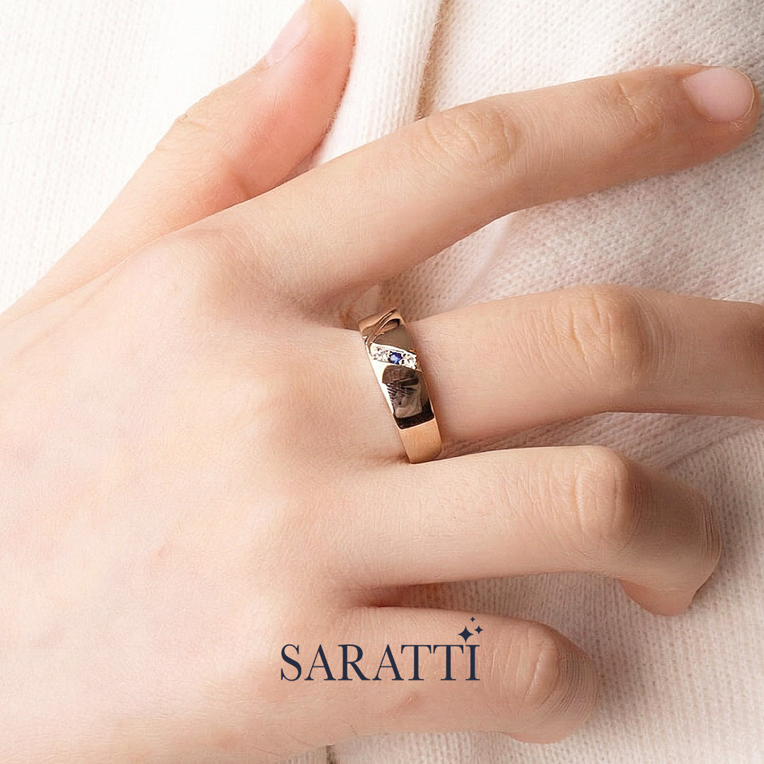 6mm men diamond and sapphire three stone ring worn on hand in 18K rose gold | SARATTI