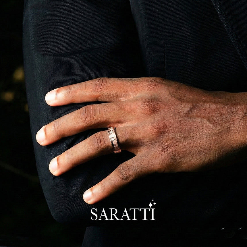 Roman Numeral ring engraved numeral design detail in 18K rose gold | SARATTI