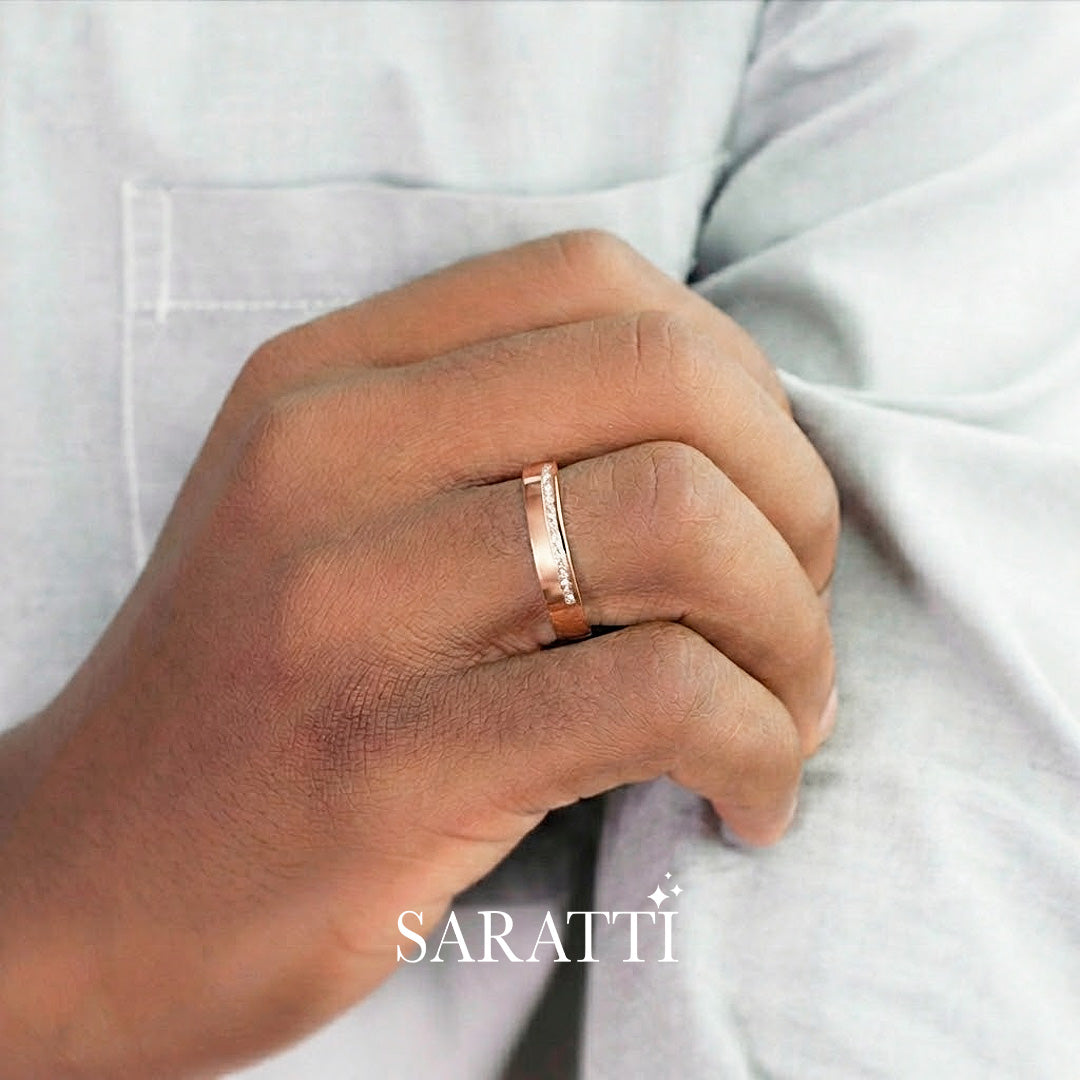 Thin mens wedding band worn on hand in 18K rose gold | SARATTI