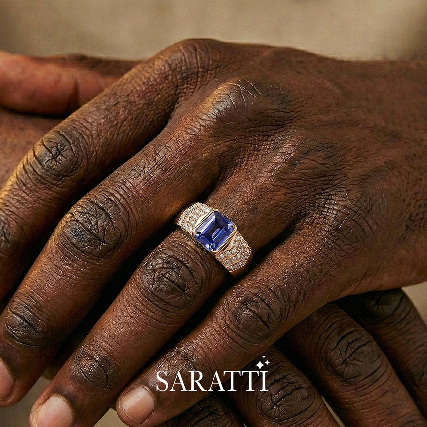 Mens ring with tanzanite and diamonds handcrafted wedding ring in 18K rose gold | SARATTI