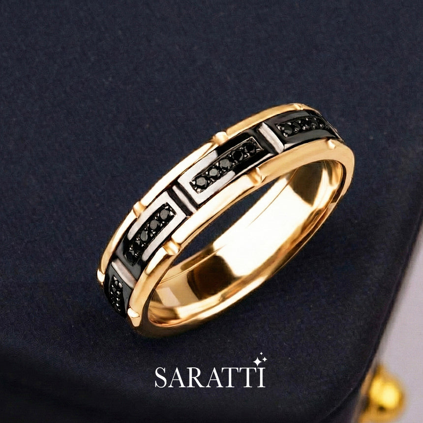Black Diamond 4mm mens wedding band worn on hand in 18K yellow gold | SARATTI