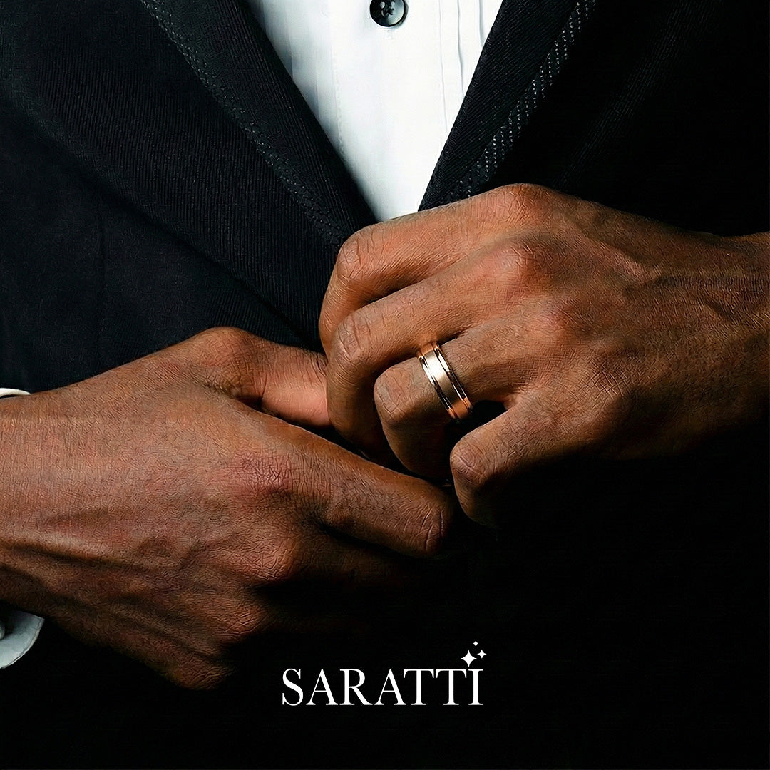Two tone mens wedding band minimalist handcrafted ring in 18K rose gold | SARATTI