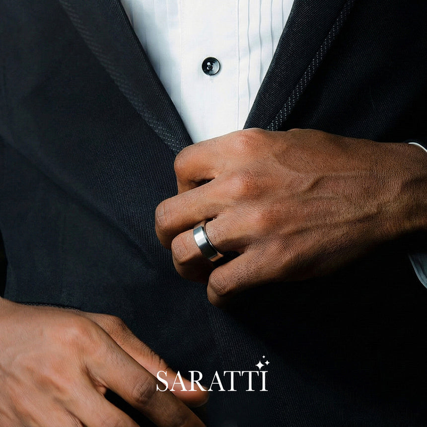 8mm mens wedding band brushed finish design detail in platinum | SARATTI