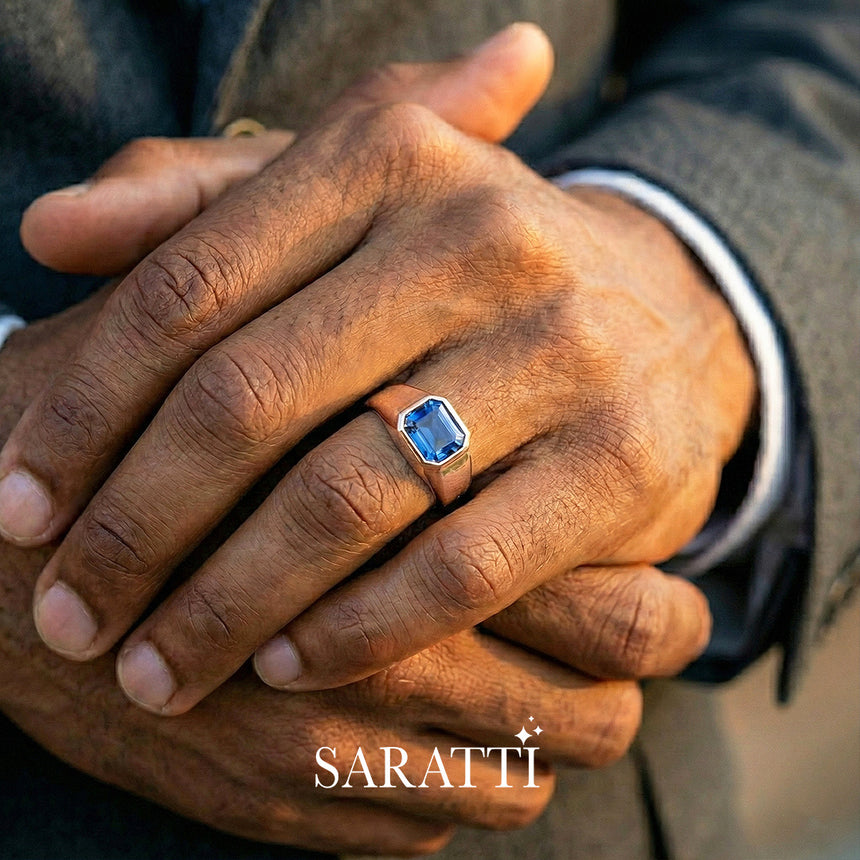 Mens sapphire wedding band handcrafted bezel set sapphire ring in 18K rose gold | SARATTI