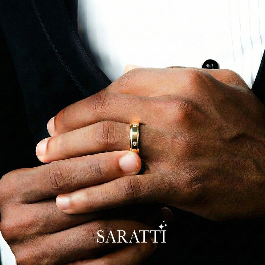 6mm mens wedding band with diamonds channel set detail in 18K yellow gold | SARATTI