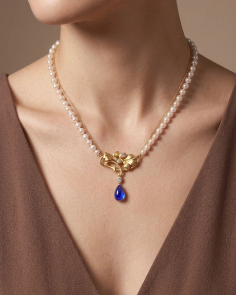 Artistic tanzanite pendant necklace with botanical gold centrepiece, pearl strands and diamond accents | SARATTI