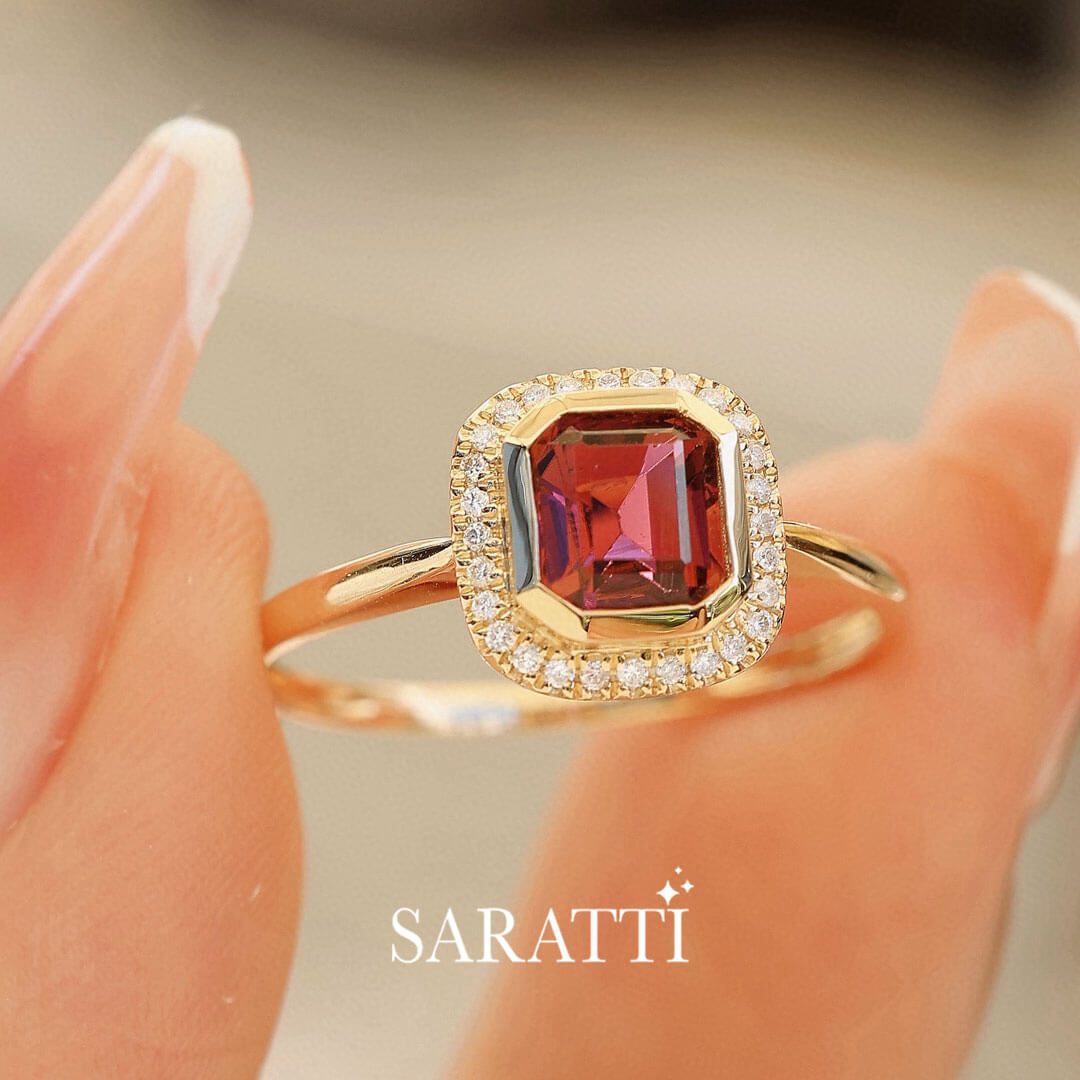 Model holds the Reine Consort Vintage Red Tourmaline Ring | Saratti Fine Jewelry 