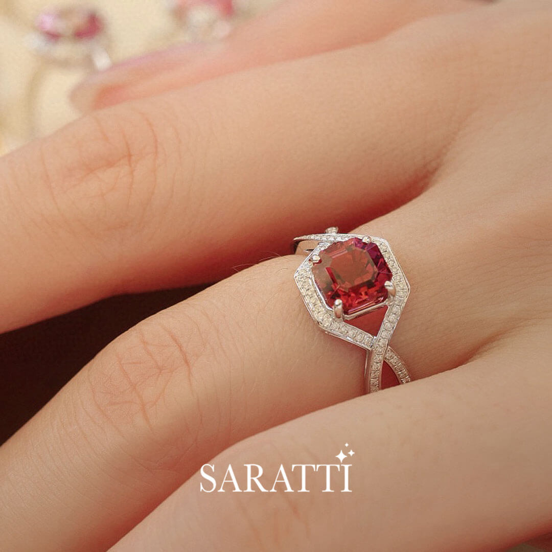 Model wears the Asscher Rose Vintage Pink Tourmaline Ring | Saratti Fine Jewelry 