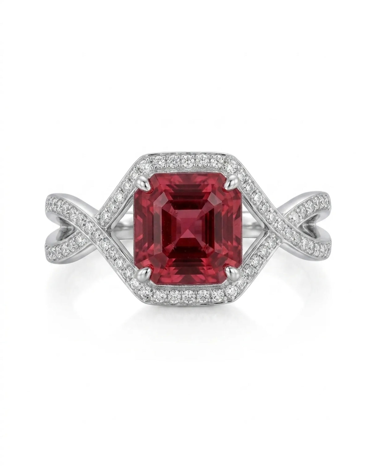 Asscher Rose vintage garnet ring with diamond frame in polished platinum | SARATTI