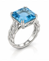 Asscher cut aquamarine prong set ring with sculptural rope band in 18K white gold | SARATTI