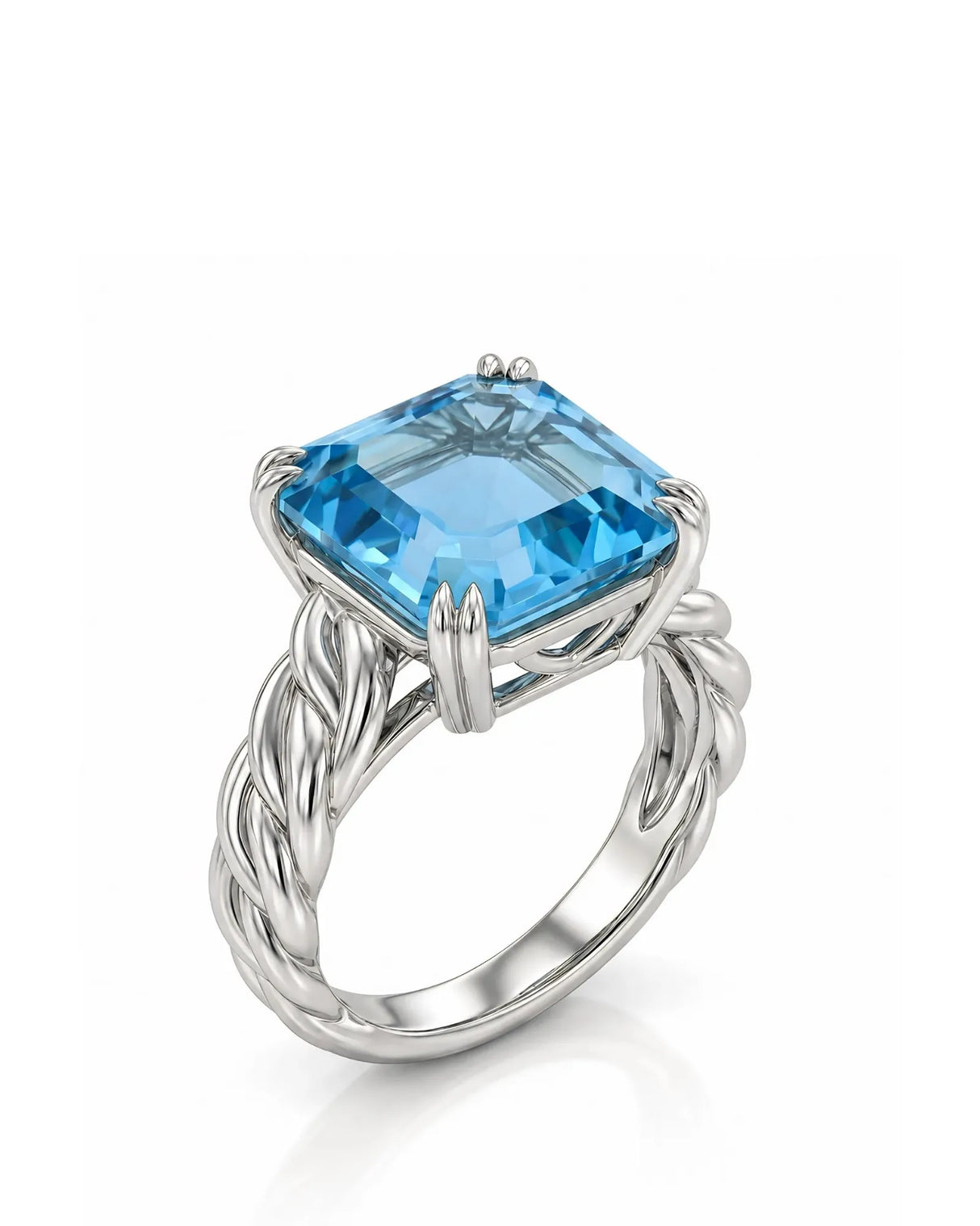 Cordelle Asscher-cut Aquamarine rope-band solitaire ring setting in Platinum, 45-degree view | SARATTI