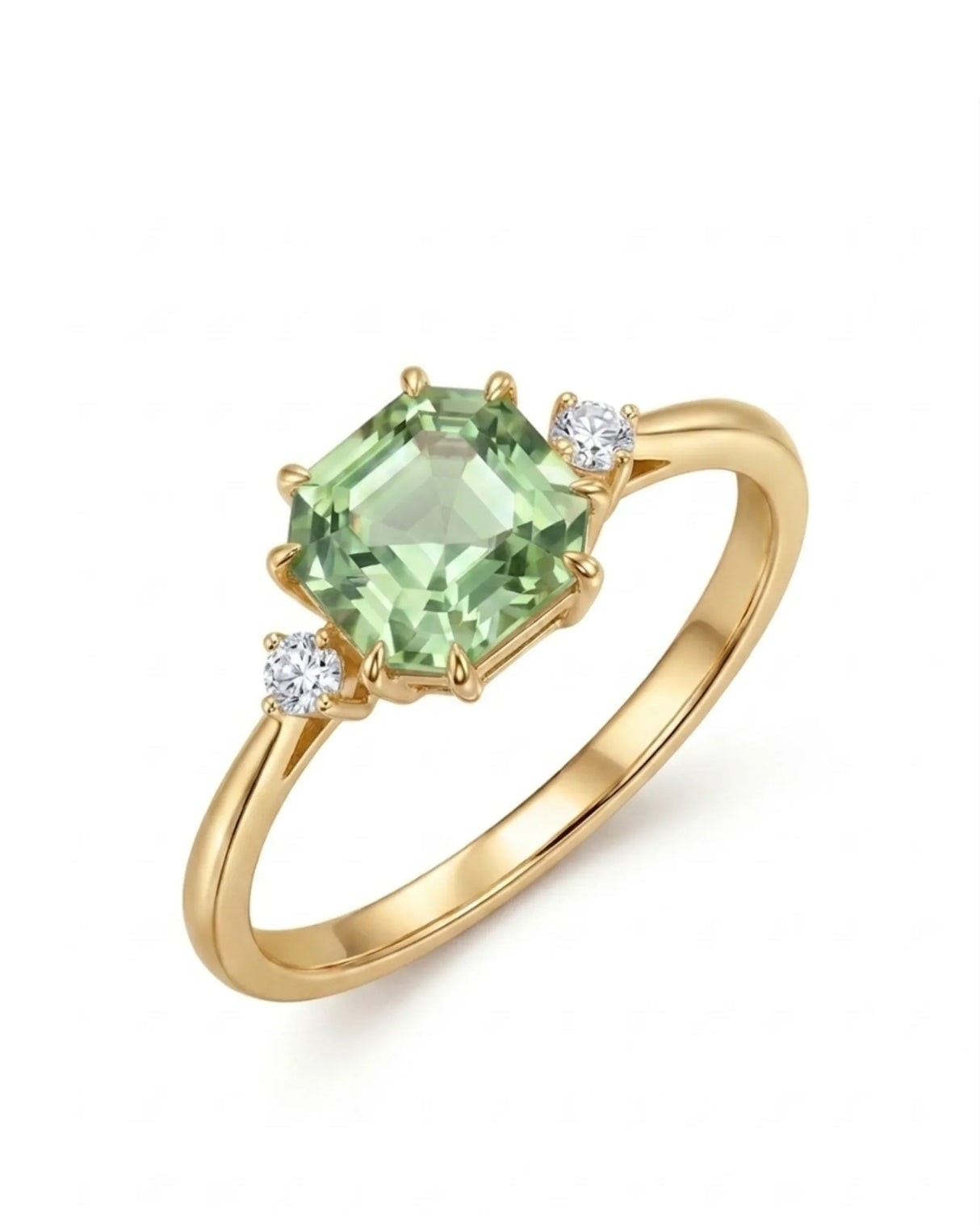 Asscher cut green tourmaline ring with two diamond accents in 18K yellow gold | SARATTI