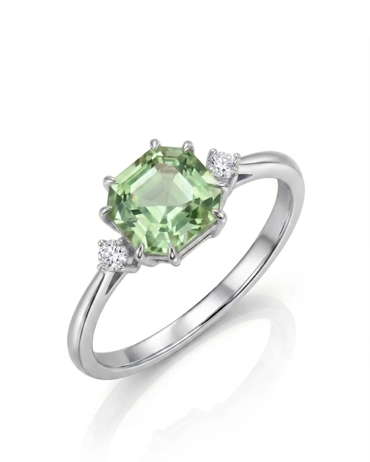 Asscher cut green tourmaline ring with two diamond accents in premium platinum | SARATTI