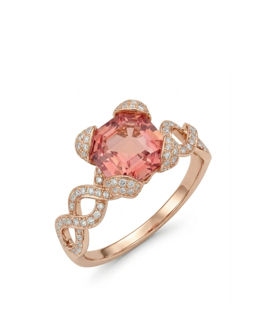 Asscher cut pink tourmaline ring with diamond pavé ribbon shank in 18K rose gold | SARATTI