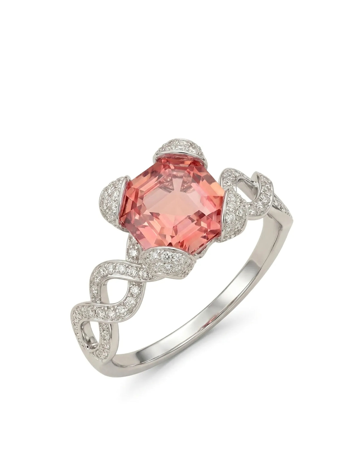 Asscher cut pink tourmaline ring with diamond pavé ribbon shank in 18K white gold | SARATTI