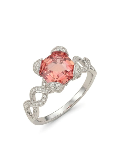Asscher cut pink tourmaline ring with diamond pavé ribbon shank in 18K white gold | SARATTI