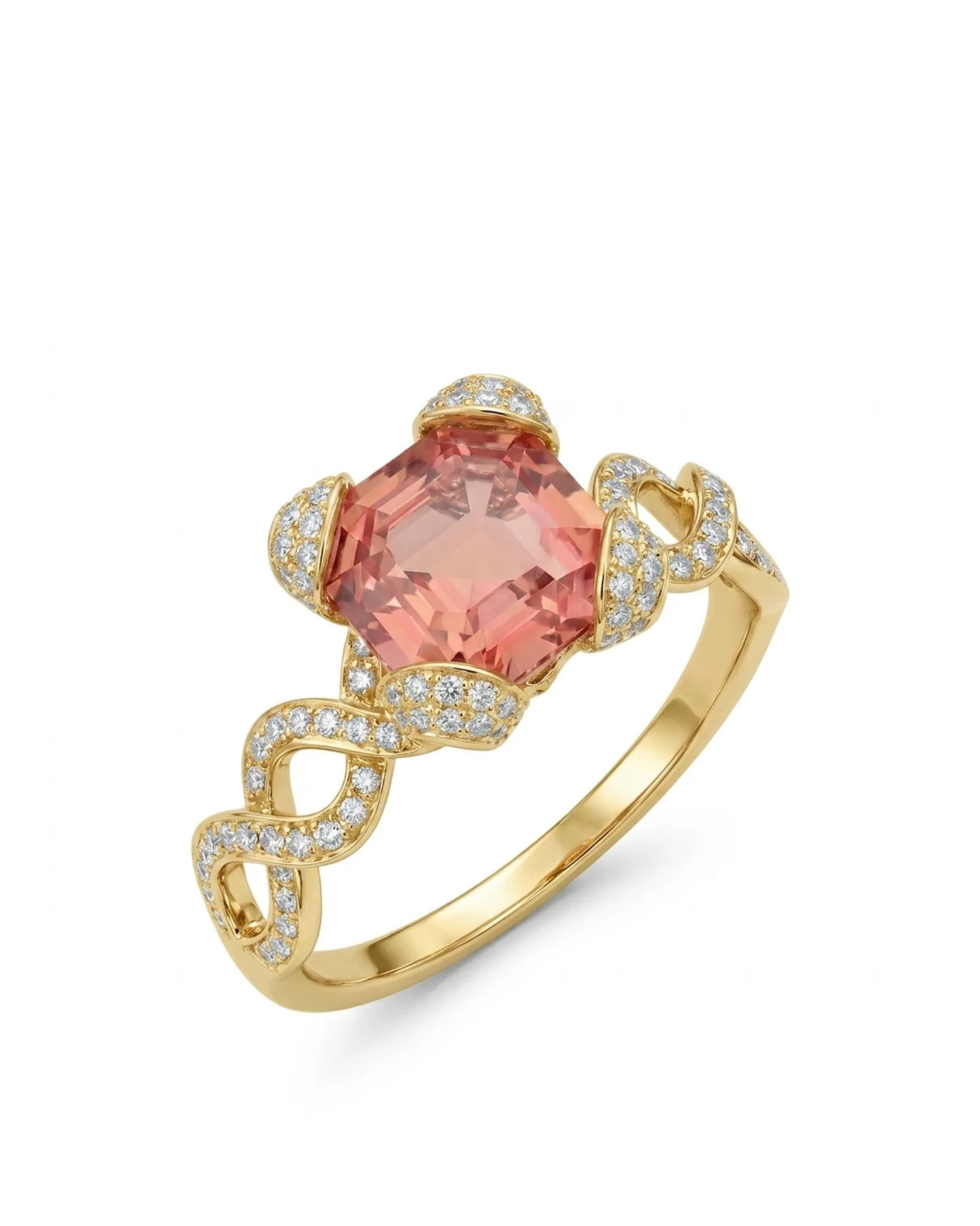 Asscher cut pink tourmaline ring with diamond pavé ribbon shank in 18K yellow gold | SARATTI