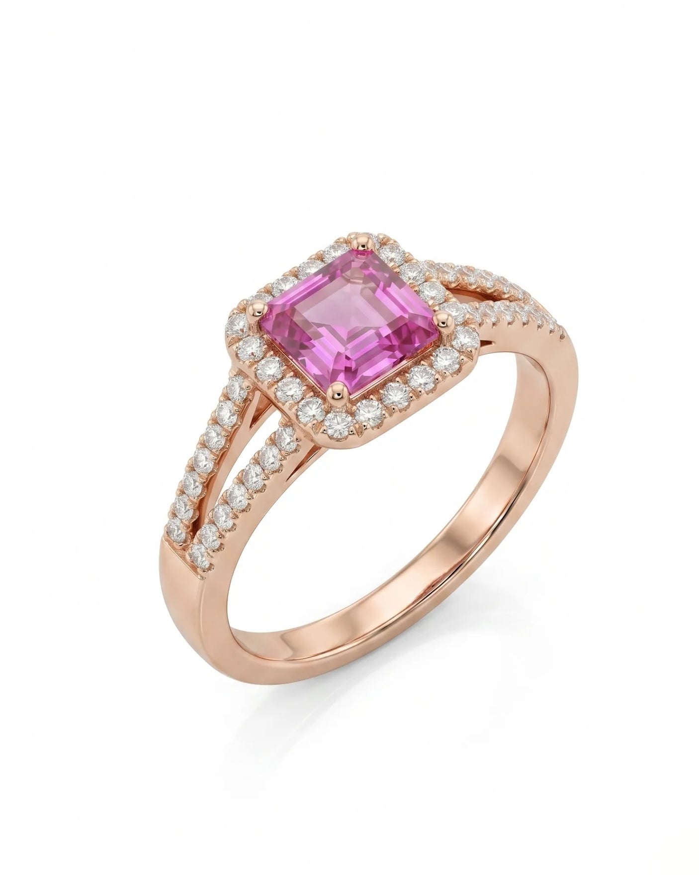 Asscher cut purple sapphire ring with diamond halo and split shank in 18K rose gold | SARATTI